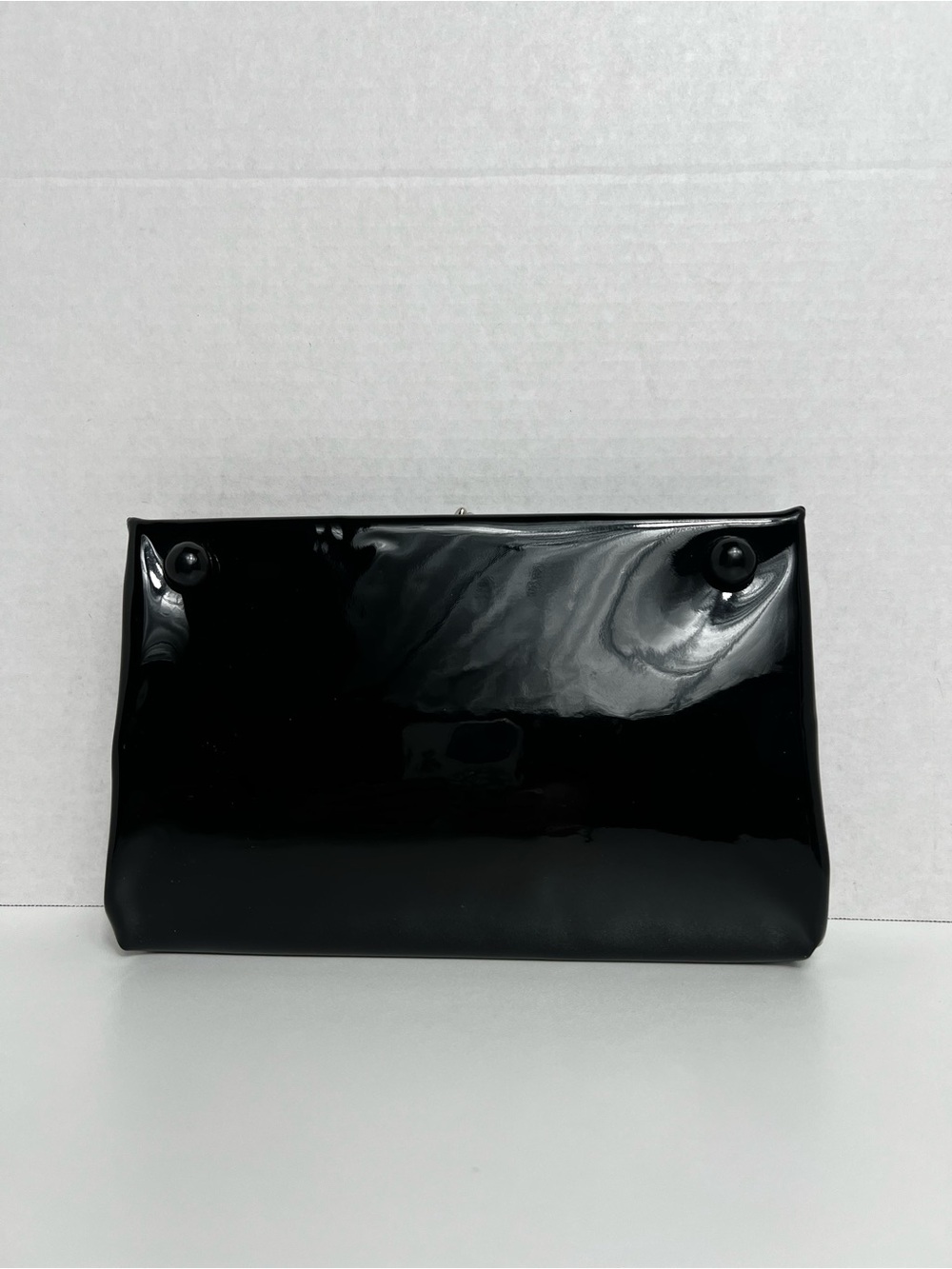 VTG HL USA Black Patent Vinyl Frame Kiss-Lock Clutch Gold Chain Mid Century